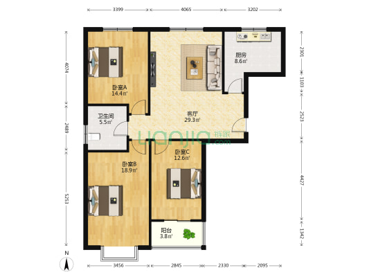 金地玫瑰公寓 3室1厅1卫 118平方