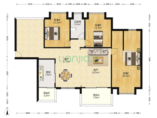 博雅花园 3室2厅1卫 145平方