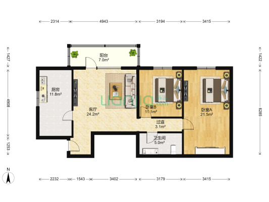 四方景园一区 2室1厅1卫 108平方