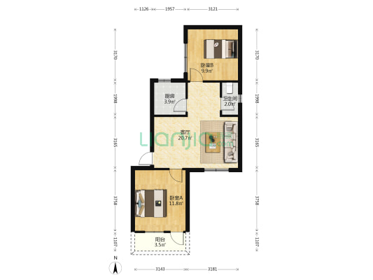 环境卫生管理站宿舍 2室1厅1卫 56平方