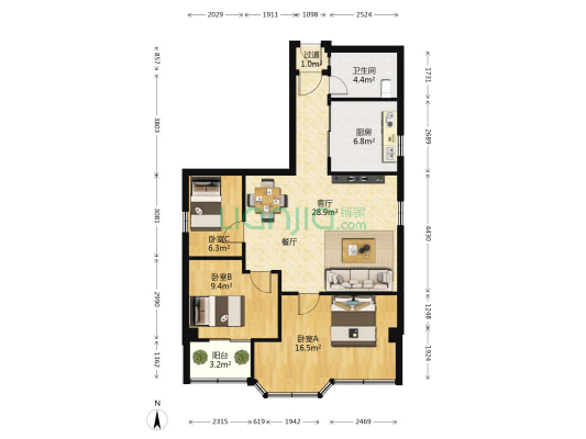 台湾街 3室1厅1卫 85平方