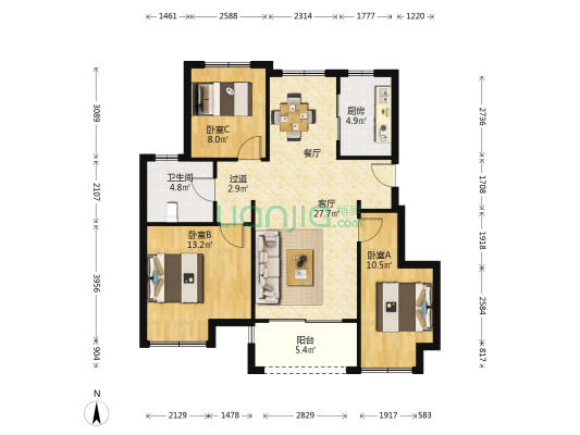 彤云嘉卉花园北区 3室1厅1卫 94平方