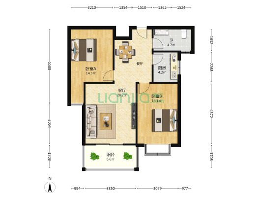 金域华府 2室1厅1卫 89平方