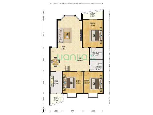 园丁广厦公寓 3室1厅2卫 131平方