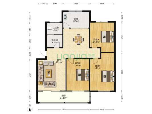 天鸿小区 3室1厅2卫 139平方