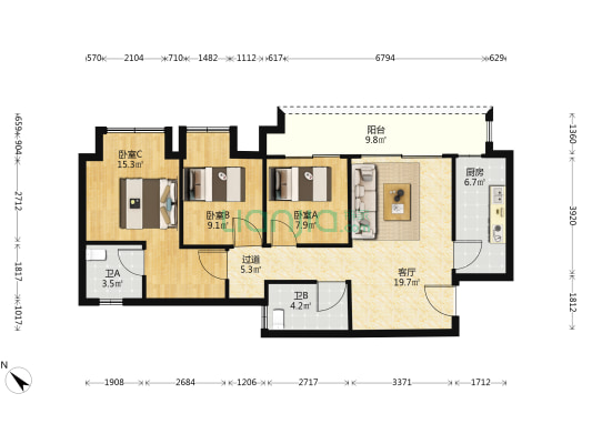 招商雍璟城璟阁 3室1厅2卫 91平方