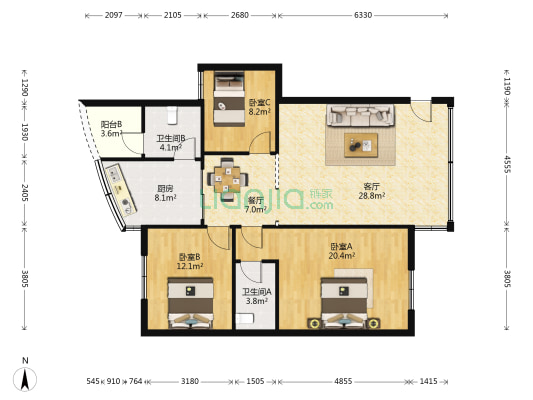 富银路 3室2厅2卫 108平方