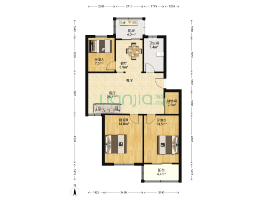 富豪花园北区 3室2厅1卫 105平方