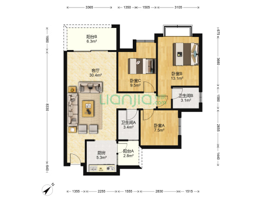 众泰翡翠湖 3室1厅2卫 101平方