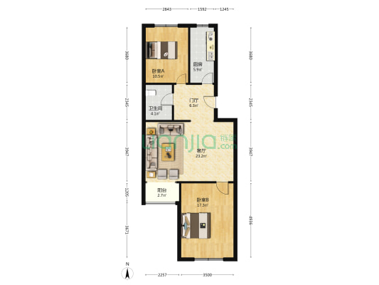 阳光家园 2室1厅1卫 90平方