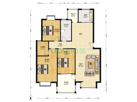 泉山美墅 3室1厅1卫 142平方