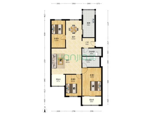 华鑫园 3室2厅2卫 136平方