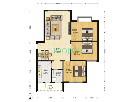 茂源名庄 3室1厅1卫 102平方