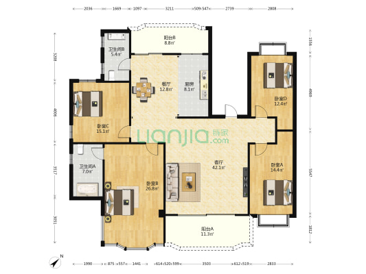 南电园 4室2厅2卫 187平方