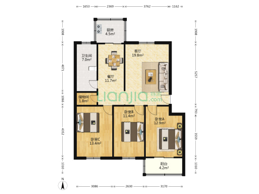 东越河花苑 3室2厅1卫 107平方