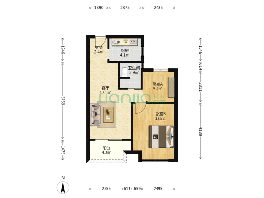 甬江嘉院 2室1厅1卫 65平方