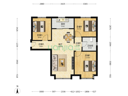 欣然苑 3室1厅1卫 107平方