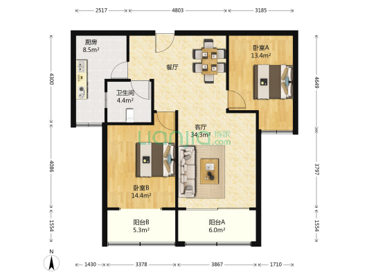 东旺名苑 2室1厅1卫 103平方