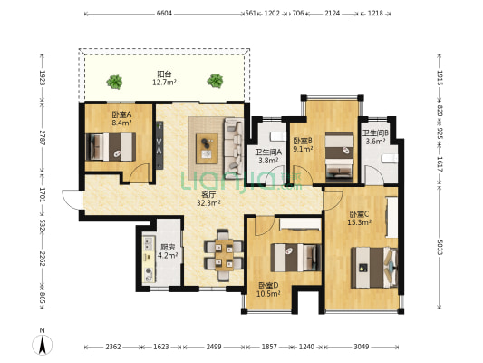 联发·西棠春晓 4室1厅2卫 109平方