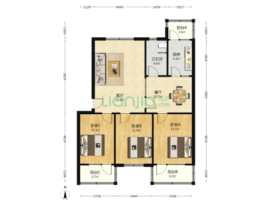 永康小区 3室2厅1卫 110平方