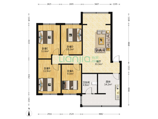 垄岩路150号院 4室1厅1卫 107平方