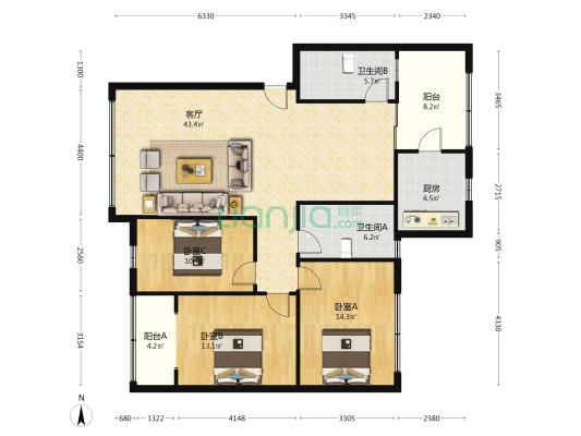 东方太行山住宅区二安B区 3室1厅2卫 149平方