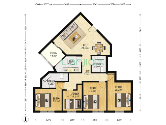 城市经典 4室1厅2卫 118平方