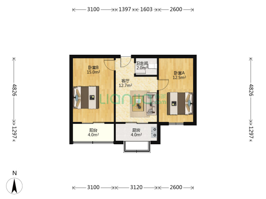 陕安北苑小区 2室1厅1卫 62平方
