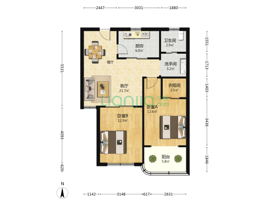 九州公寓 2室1厅2卫 97平方