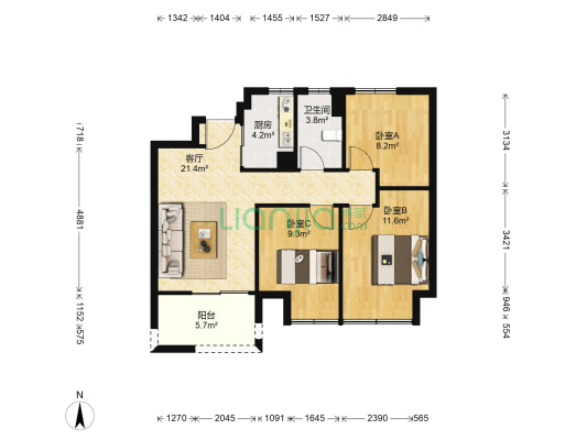 玉兰公馆三区 3室1厅1卫 87平方