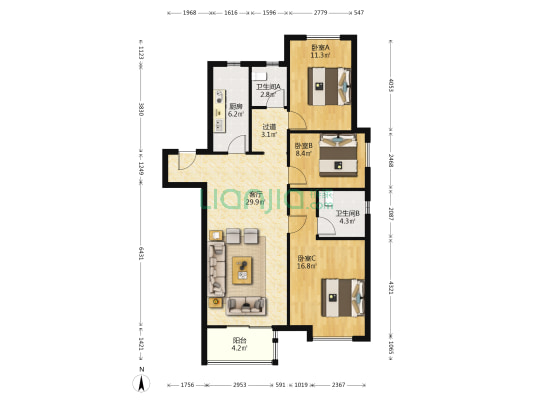 万科都荟南苑A区 3室1厅2卫 111平方
