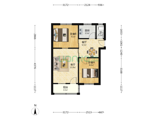 五里井 2室2厅1卫 54平方