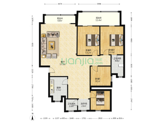 八字门邮政小区 4室1厅3卫 151平方