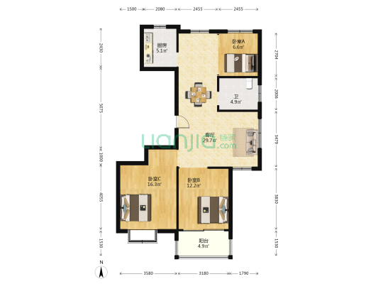 西园三村 3室1厅1卫 116平方