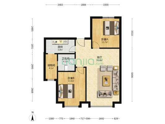军心家园（横山街） 2室1厅1卫 94平方