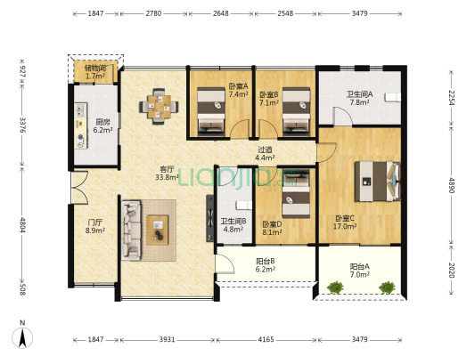 西荟城一期 4室1厅2卫 135平方