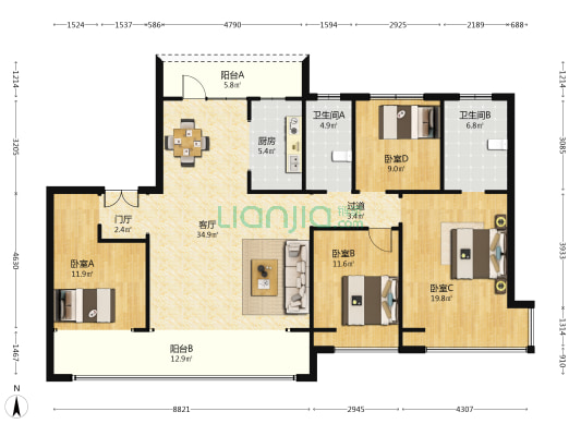 弘阳奎文壹號 4室1厅2卫 174平方