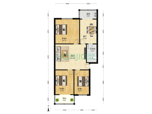 卫生局宿舍 3室2厅1卫 105平方