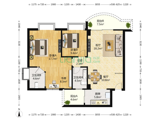 丽海云霞 3室2厅2卫 99平方