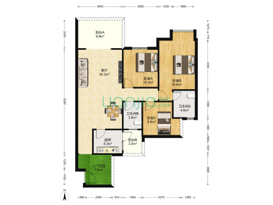 银鹏九龙豪府 3室1厅2卫 105平方