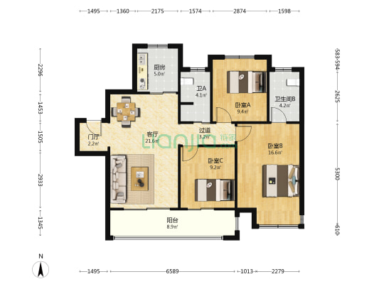 美的爱情云筑 3室1厅2卫 115平方