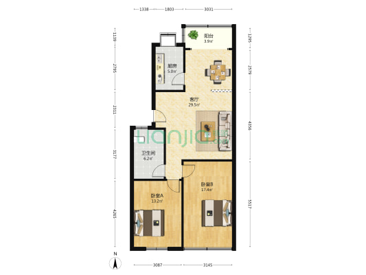 新宏基宿舍（中山路519号） 2室1厅1卫 92平方