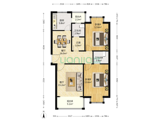 春潮花园三区 2室2厅2卫 110平方