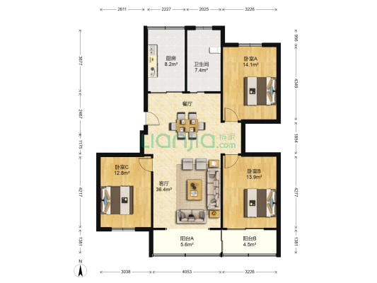 鑫乾花园 3室1厅1卫 122平方