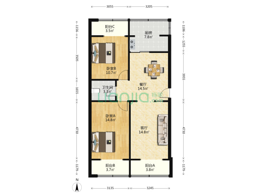 药王洞48号院 2室2厅1卫 84平方