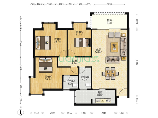 翡翠嘉园 3室1厅2卫 121平方