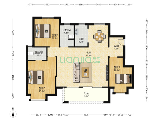 茹海苑 3室1厅2卫 125平方