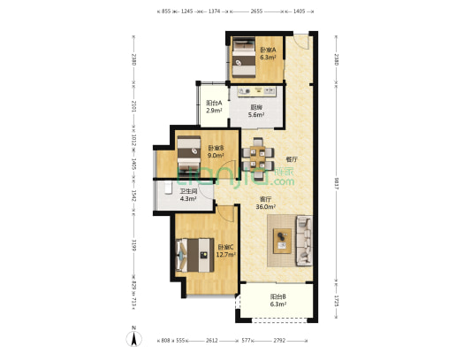 金鼎雅苑 3室1厅1卫 87平方