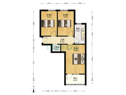 民权大街8至14双号 3室0厅1卫 60平方