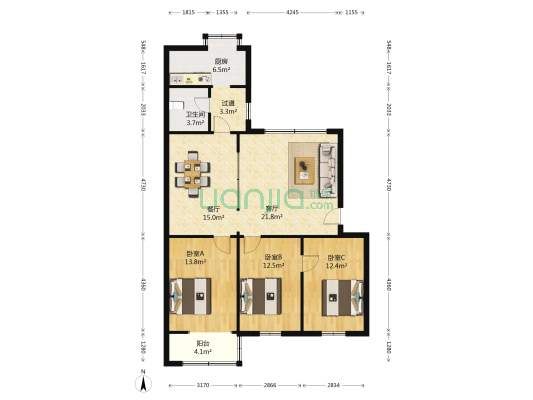 景苑小区 3室2厅1卫 116平方